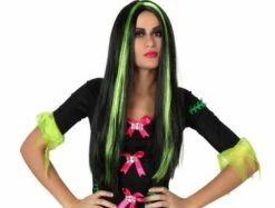 Perruque Adulte Longue Noire Meches Vertes