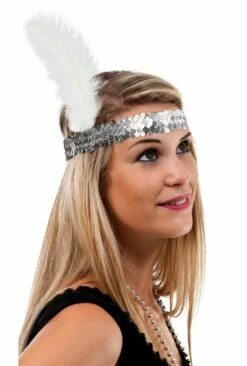 Bandeau Charleston Sequins Avec Plume - Argent