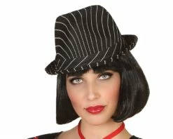 Borsalino Adulte Gangster Tissus Noir Rayé Blanc