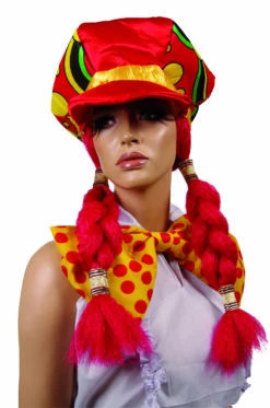 Casquette De Clown - Multicolore Avec Deux Tresses Rouge