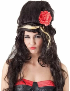 Perruque Amy - Brune Avec Mèche Blonde Et Fleur Rouge
