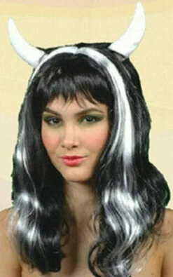 Perruque Halloween Noire Corne De Diablesse Blanche