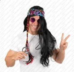 Perruque Hippie Homme - Raide Noire Avec Tresse En Tissu