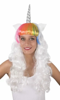 Perruque De Licorne Adulte Blanche Avec Frange Multicolore